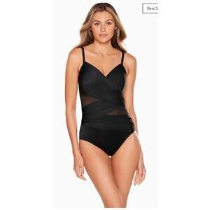 NWT Miraclesuit Network Mystique Size 12 Black 1pc Swimsuit 10lb Tummy Slimming